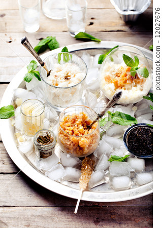 Black tea flavor, milk and lemon granita, sorbet 12027676