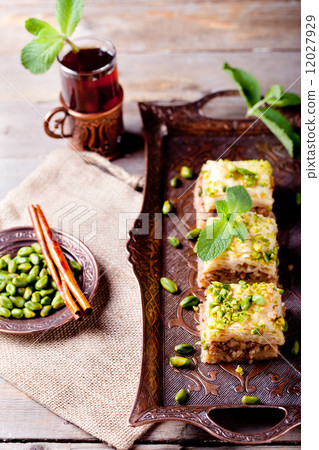Turkish nut and phyllo pastry dessert, baklava Turkish nut and phyllo pastry dessert, baklava 12027929