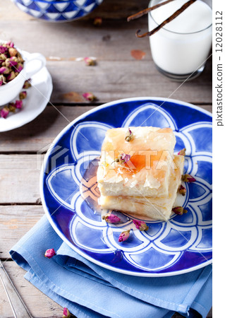 Greek phyllo pastry pie with rose custard 12028112