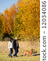 Couple walking dog in sunny autumn countryside 12034086