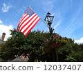 美國國旗和花在街燈 12037407