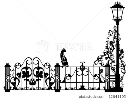 cat watching bird sitting on garden fence - black and white vector design element 12041105