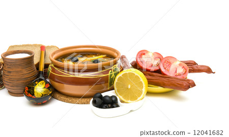 hodgepodge soup and other food on a white background hodgepodge soup and other food on a white background 12041682