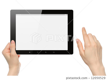 Woman hands hold and touch tablet PC. Woman hands hold and touch tablet PC. 12050529