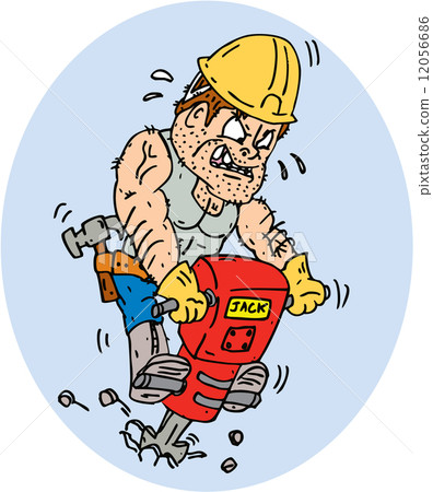 Construction Worker Jackhammer Drilling Cartoon 12056686