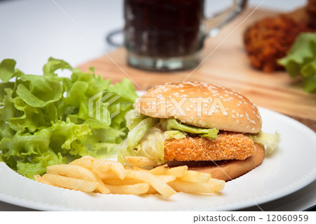 ishburger with french fries. 12060959