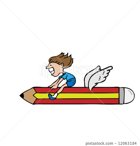 Boy rides flying pencil Boy rides flying pencil 12063184