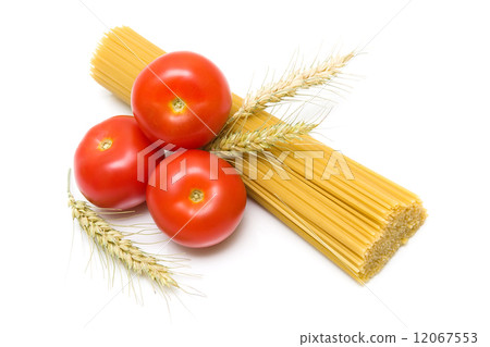 Tomatoes, spaghetti and wheat ears on white background Tomatoes, spaghetti and wheat ears on white background 12067553