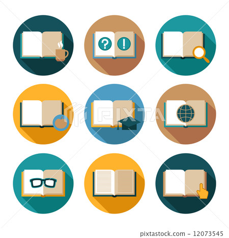 Books and symbols flat icons set 12073545