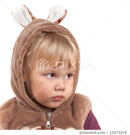 Portrait of serious Caucasian baby girl in bear costume isolated Portrait of serious Caucasian baby girl in bear costume isolated 12073878
