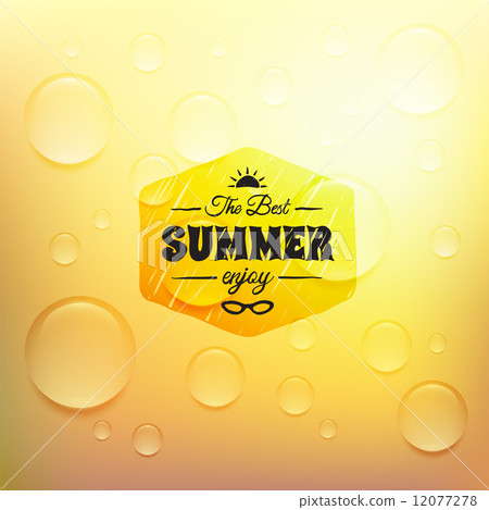 Retro summer label in doodle sketch style isolated on glass background with rain drop, vintage calli 12077278
