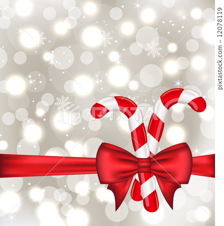 Christmas glowing background with gift bow and sweet canes Christmas glowing background with gift bow and sweet canes 12078119