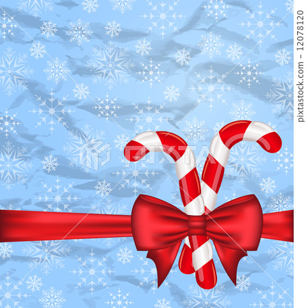 Christmas background with gift bow and sweet canes, snowflakes t Christmas background with gift bow and sweet canes, snowflakes t 12078120