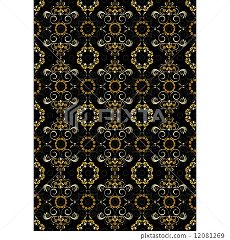 Black seamless pattern with orange flowers and silver spirals. 12081269
