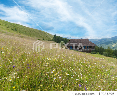 Mountains landscape with traditional wooden house at meadow 12083896