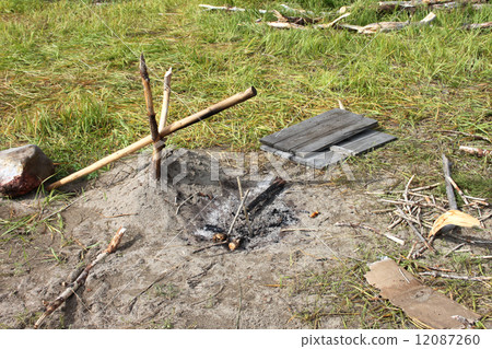 A camp fire place with slingshot for cooking and materials for kindling on a picnic A camp fire place with slingshot for cooking and materials for kindling on a picnic 12087260