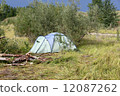 A green tent on a picnic in a forest on a sand with grass 12087262
