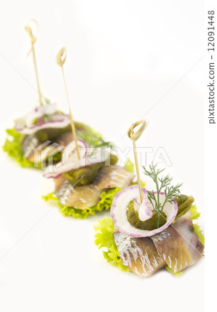 canape with meat vegetables and seafood 12091448