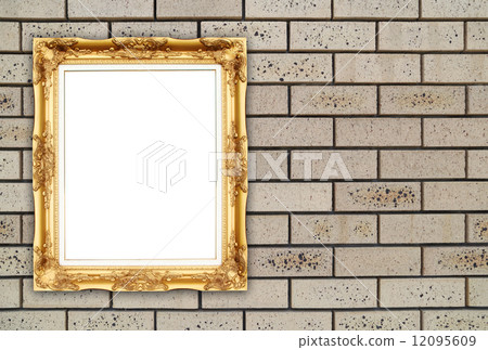 blank golden frame on brick stone wall 12095609