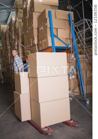 Worker pulling trolley with boxes in warehouse Worker pulling trolley with boxes in warehouse 12106356