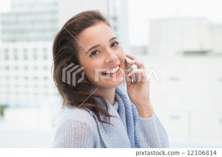 Pretty brunette on the phone by the window Pretty brunette on the phone by the window 12106814