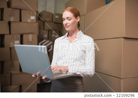 Manager using laptop in warehouse 12109296