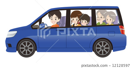 家庭和駕駛在小型貨車藍色水平類型 家庭和駕駛在小型貨車藍色水平類型 12128597