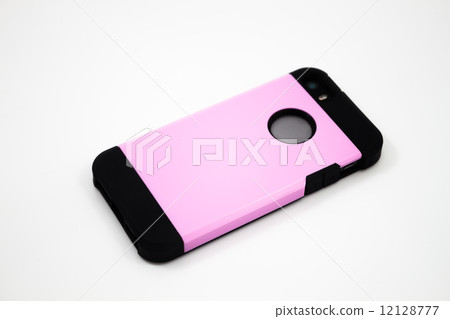 Smartphone with pink case isolated on white background Smartphone with pink case isolated on white background 12128777
