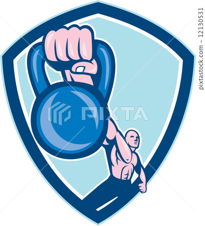 Weightlifter Lifting Kettlebell Shield Cartoon Weightlifter Lifting Kettlebell Shield Cartoon 12130531