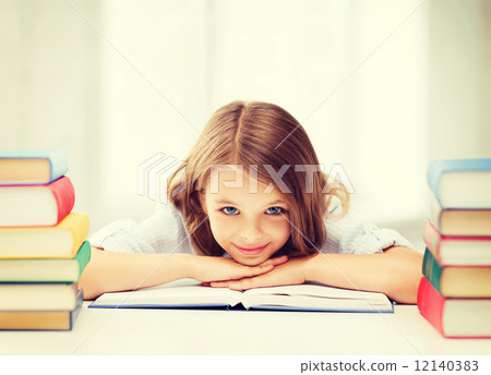 pretty girl with many books at school 12140383