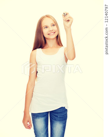 girl in blank white shirt drawing something 12140797