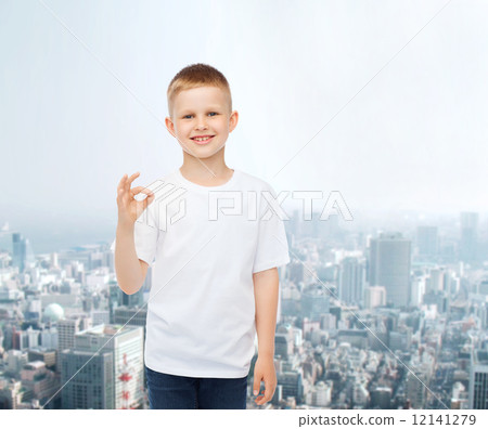 smiling little boy in white blank t-shirt 12141279