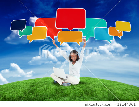 Composite image of happy woman with speech bubbles 12144361