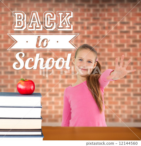 Composite image of cute girl with hand out Composite image of cute girl with hand out 12144560