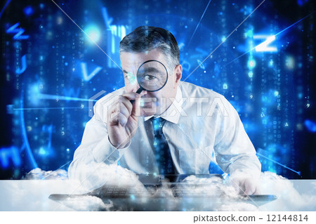 Composite image of mature businessman examining with magnifying Composite image of mature businessman examining with magnifying 12144814