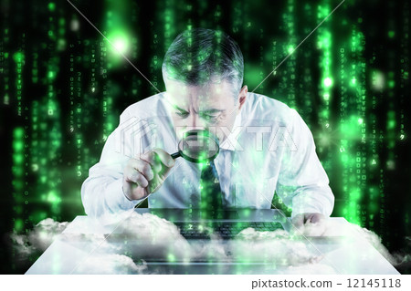 Composite image of mature businessman examining with magnifying 12145118
