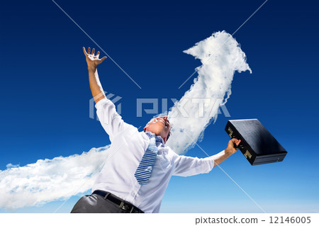 Composite image of businessman holding briefcase and cheering Composite image of businessman holding briefcase and cheering 12146005