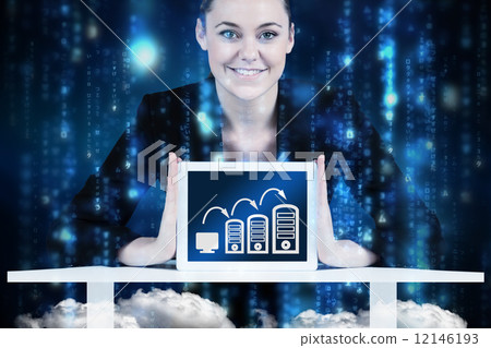 Composite image of businesswoman sitting at desk showing tablet Composite image of businesswoman sitting at desk showing tablet 12146193