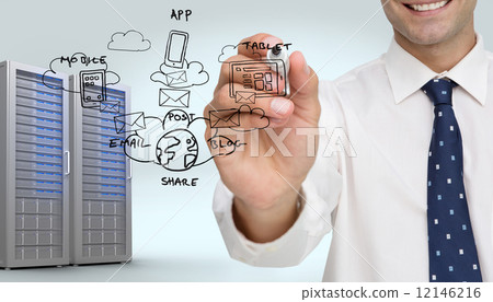 Composite image of businessman writing on camera with a black ma 12146216