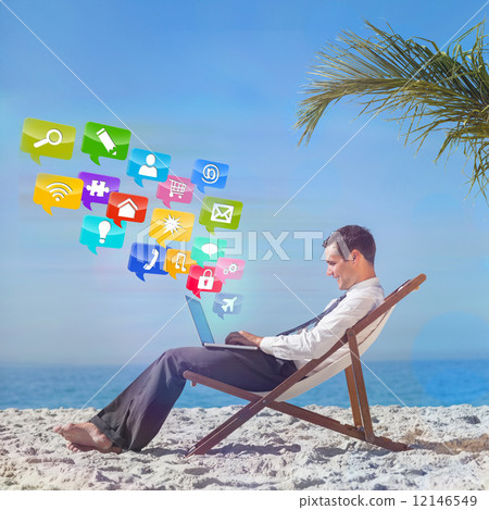 Composite image of young businessman on his beach chair using hi Composite image of young businessman on his beach chair using hi 12146549