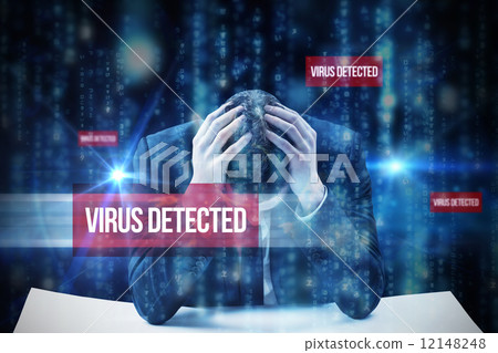 Virus detected against lines of blue blurred letters falling 12148248
