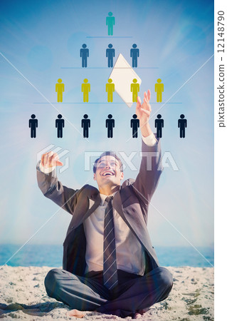 Composite image of victorious young businessman juggling with hi 12148790