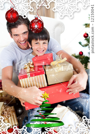 Composite image of happy father and son holding christmas presen Composite image of happy father and son holding christmas presen 12150041