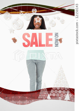 Composite image of woman with ad on white background Composite image of woman with ad on white background 12150143