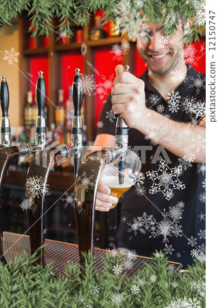 Composite image of handsome barkeeper pulling a pint of beer Composite image of handsome barkeeper pulling a pint of beer 12150747