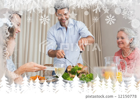 Composite image of extended family at dining table Composite image of extended family at dining table 12150778