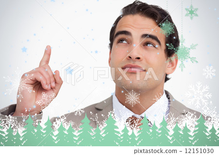 Close up of salesman looking and pointing up Close up of salesman looking and pointing up 12151030