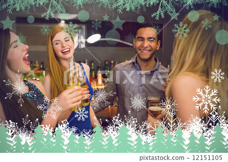 Composite image of laughing friends drinking beers Composite image of laughing friends drinking beers 12151105