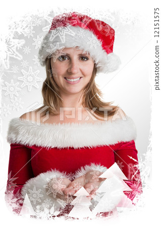 Pretty woman in santa costume presenting your product 12151575