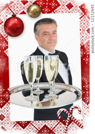 Composite image of waiter holding out tray with champagne Composite image of waiter holding out tray with champagne 12152695